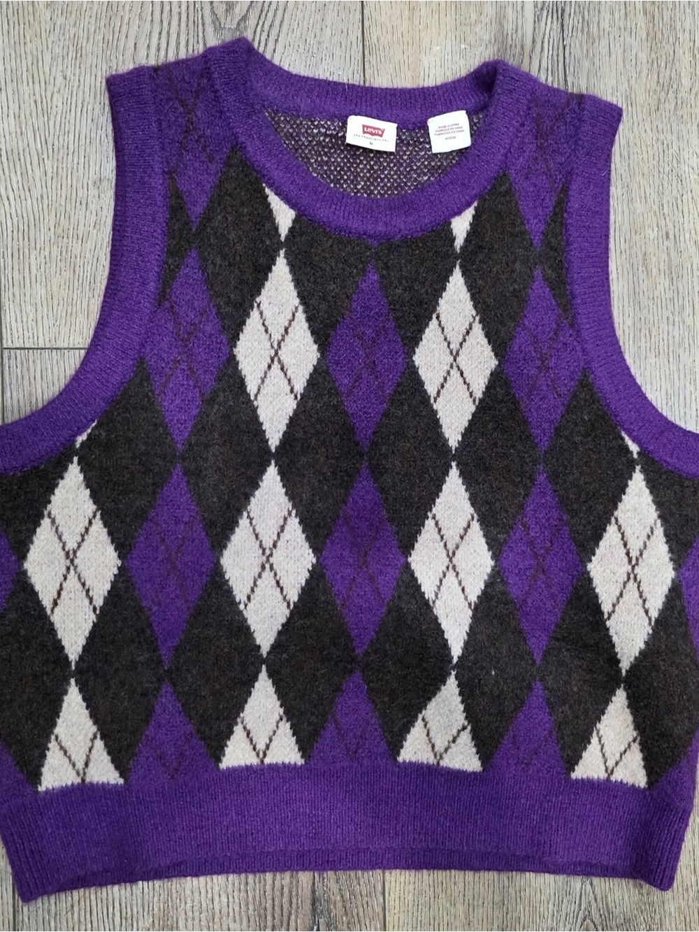 Levi's Purple Argyle Sleeveless Knit Vest with Black and Cream Diamonds